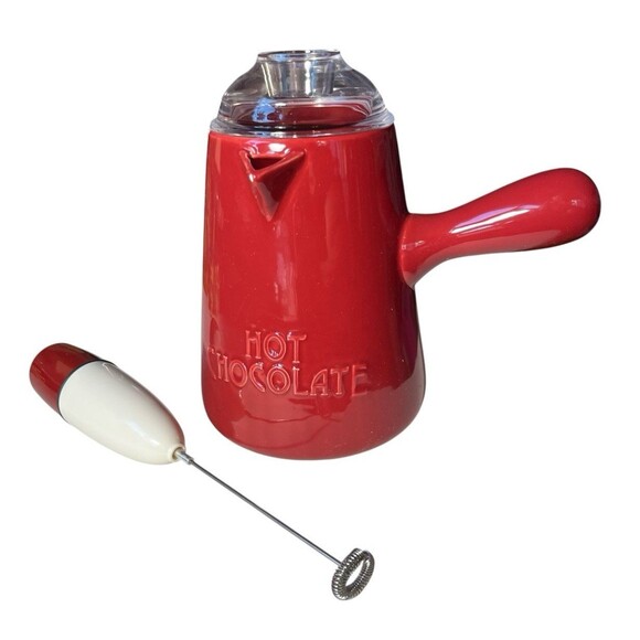 William Sonoma Ceramic Hot Chocolate Pot Red Foam Frother Mixer Recipe Book READ - Picture 2 of 4